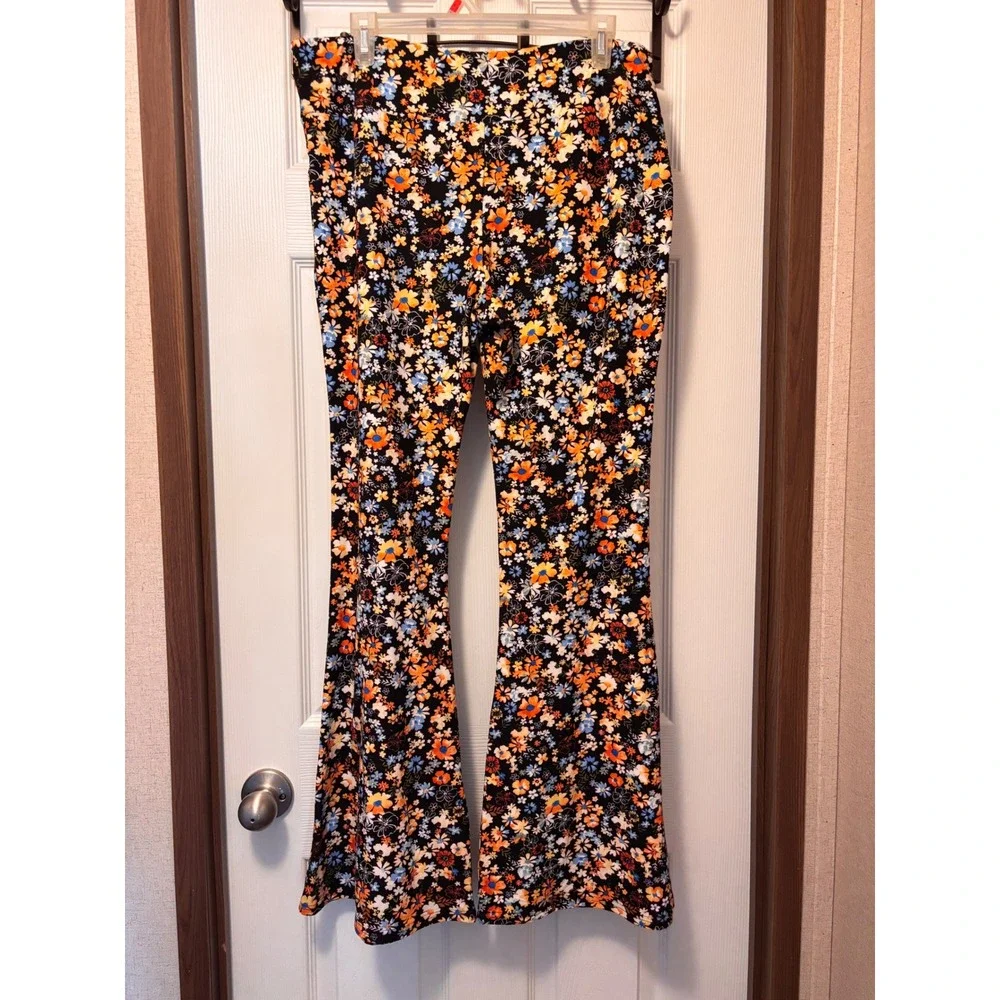 No Boundaries Floral Flare Pants XXL 19 Black Orange Blue Boho Bell Bottoms